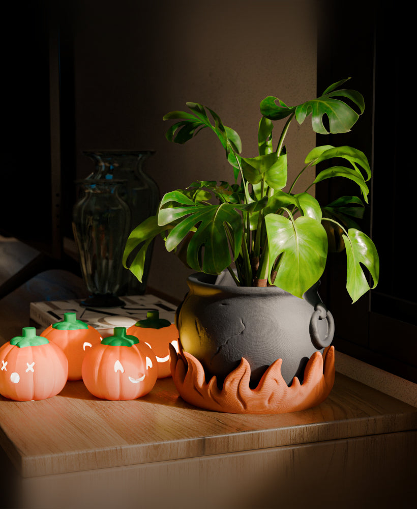 Cauldron Planter – 3D Printed Pot with Flame Drip Tray | Halloween & Fantasy Decor